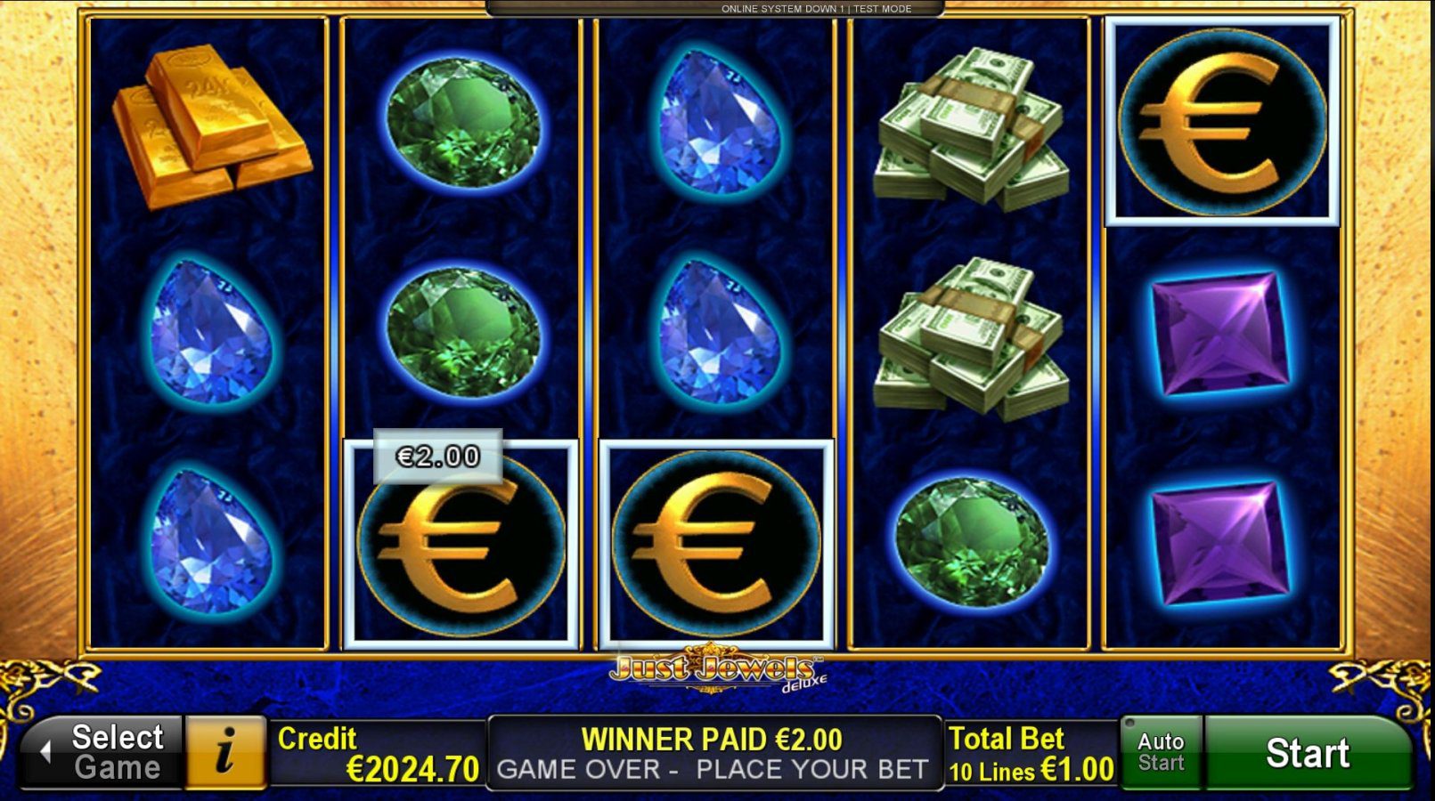 Just Jewels Deluxe game interface with reels and gemstones