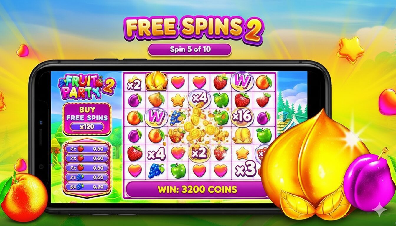 Жамғарувчи мультипликаторлар билан Fruit Party 2 слотидаги Free Spins бонус раунди