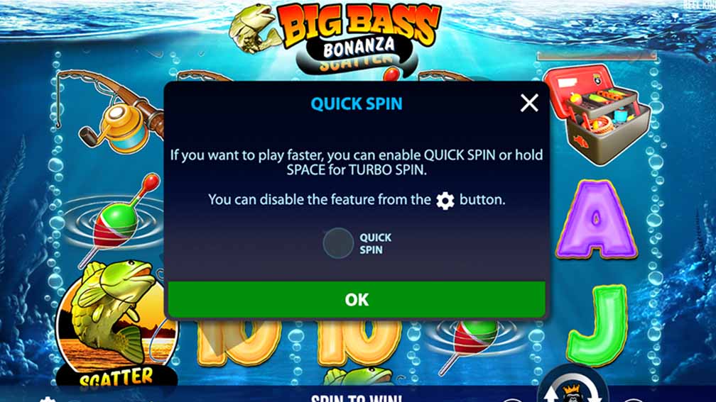 Barabanlar va baliq ovlash mavzusi bilan Big Bass Bonanza sloti interfeysi