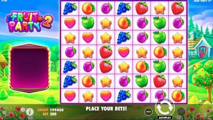Мевали белгилар ва мультипликаторлар билан Fruit Party 2 слот машинаси интерфейси