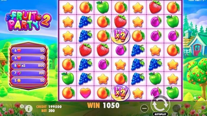 Pragmatic Play томонидан тақдим этилган Fruit Party 2 слотидаги белгиларнинг тўлов жадвали