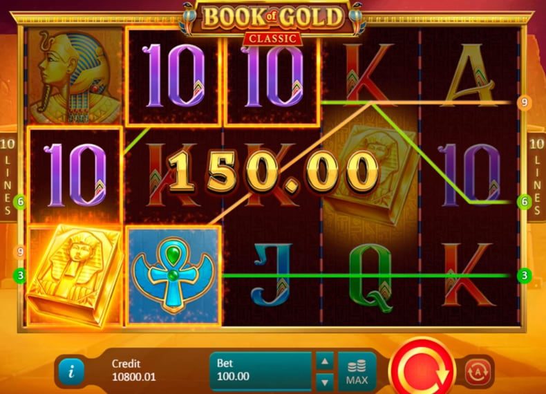Book of Gold Classic-те ұлғайып жатқан символдары бар бонус раундының скриншоты