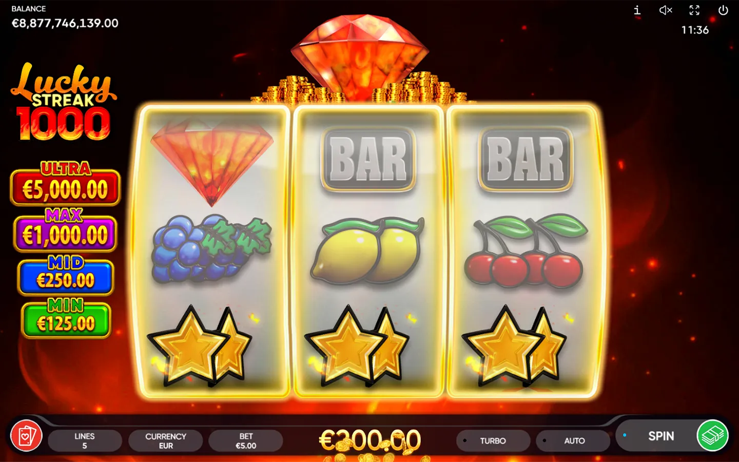 Pokerdom казиносындағы Endorphina-ның Lucky Streak 1000 слотының ойын интерфейсі
