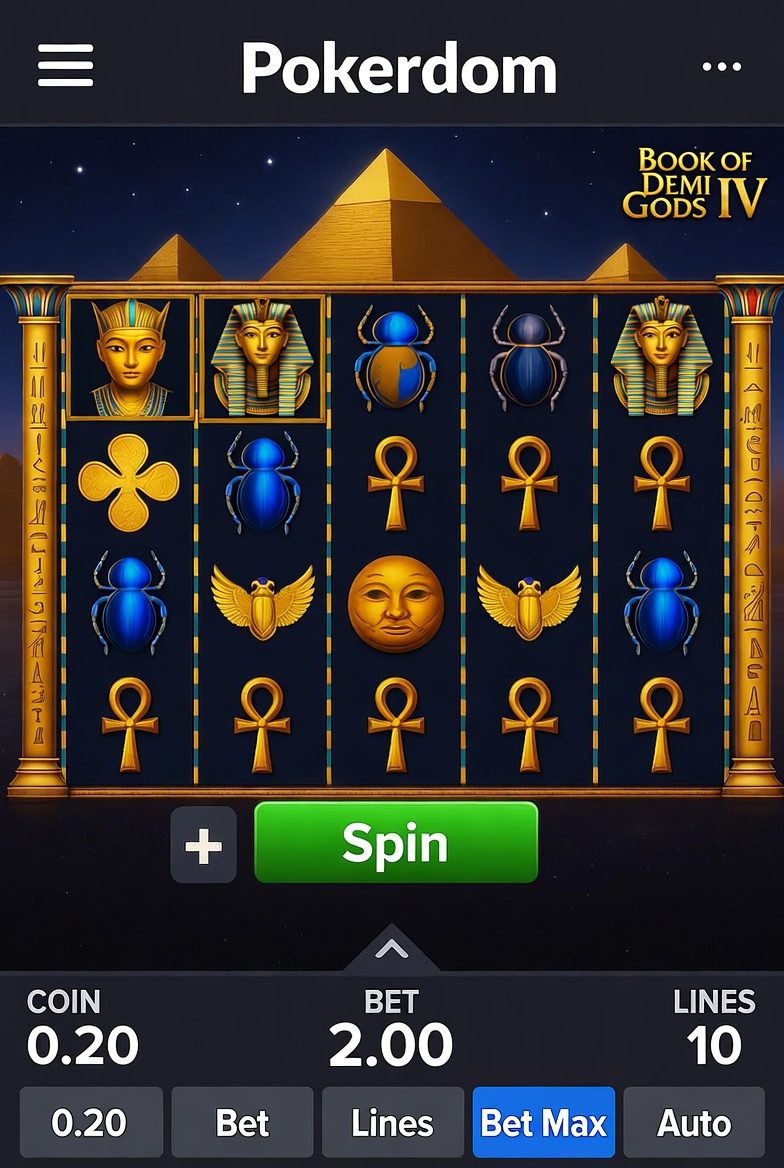 Pokerdom қосымшасындағы Book of Demi Gods IV мобильді нұсқасының интерфейсі